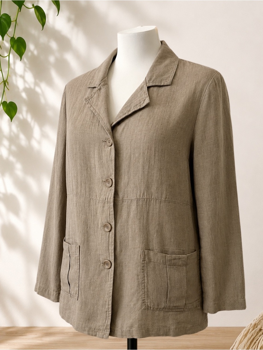 Flax 100% Linen Button Front Jacket in Taupe- Small